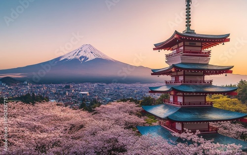 Stunning view of Chureito Pagoda at sunset with Mount Fuji and cherry blossoms, hyper-realistic Japan travel poster style.