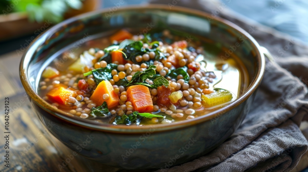 A hearty bowl of buckwheat and vegetable soup packed with fiber to keep you feeling full and satisfied. A hearty bowl of buckwheat and vegetable soup packed with fiber to keep you feeling full and satisfied.