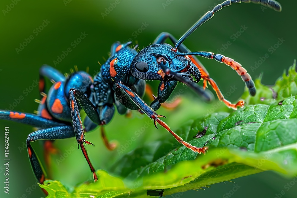 A close-up of a blue and red ant on a green leaf with its long antennae pointed upwards. A close-up of a blue and red ant on a green leaf with its long antennae pointed upwards.