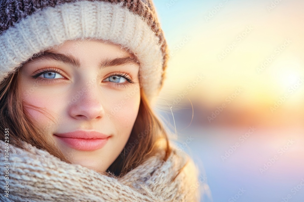 A woman with a white hat and scarf is smiling A woman with a white hat and scarf is smiling
