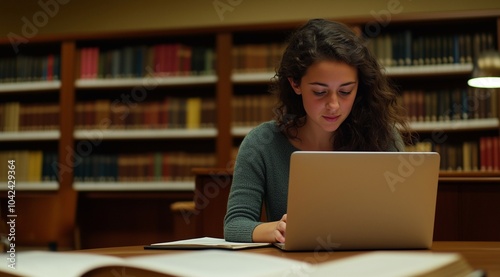 Thoughtful young college student girl typing on laptop in public library, thinking on report, article, essay, research paper, studying on Internet, sitting at table with open books.