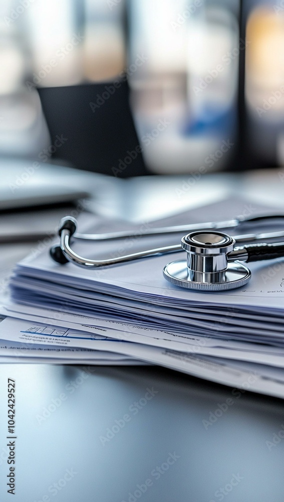 Stethoscope on medical documents and forms stack in a hospital office, closeup with a blurred background Stethoscope on medical documents and forms stack in a hospital office, closeup with a blurred background