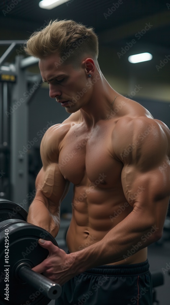 Muscular bodybuilder training in the gym young man lifting weights fitness scene Muscular bodybuilder training in the gym young man lifting weights fitness scene