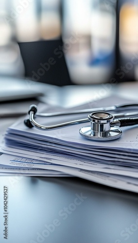 Stethoscope on medical documents and forms stack in a hospital office, closeup with a blurred background