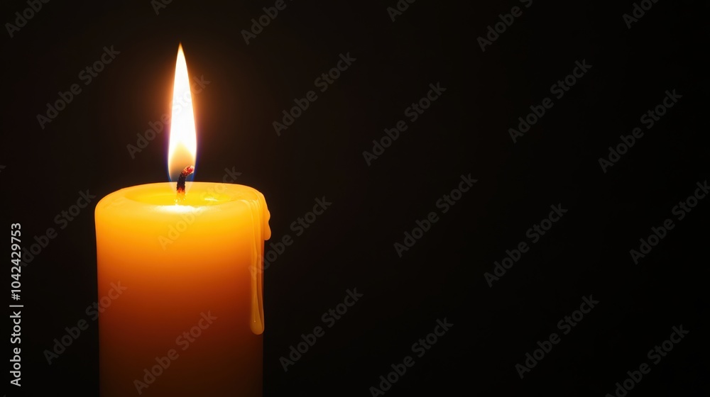 Close up single candle light and flame on black background Close up single candle light and flame on black background