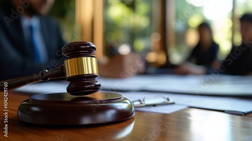 A close-up of a law-related scene with a judge's gavel, legal documents, and justice professionals working at a table