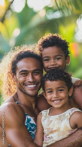 Nauruan family. Nauru. Families of the World. A happy family with two young children smiling and embracing each other in an outdoor setting. . #fotw photo