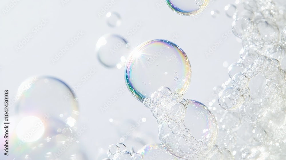 Fototapeta premium Soap Bubbles Floating on White Background with Rainbow Light