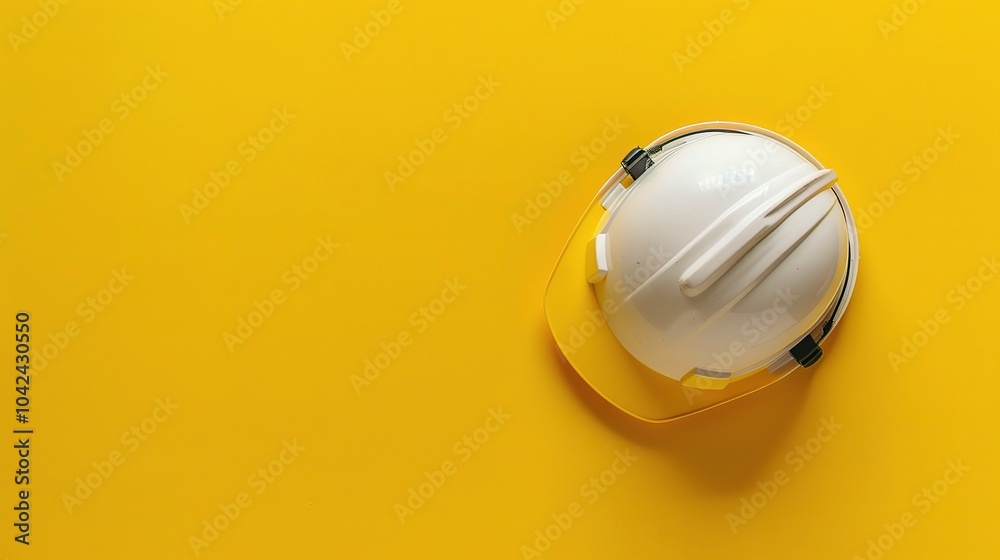Safety construction helmet on yellow background - a symbol of protection and caution. This image features a safety construction helmet placed on a bright yellow background Safety construction helmet on yellow background - a symbol of protection and caution. This image features a safety construction helmet placed on a bright yellow background