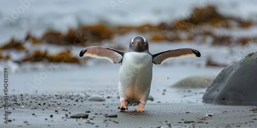 A gentoo penguin walks across a beach, wings spread out, in front of a large rock.