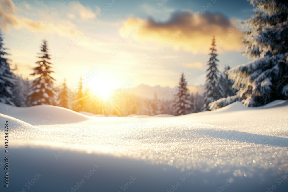 A snowy field with trees in the background and a sun shining on the snow