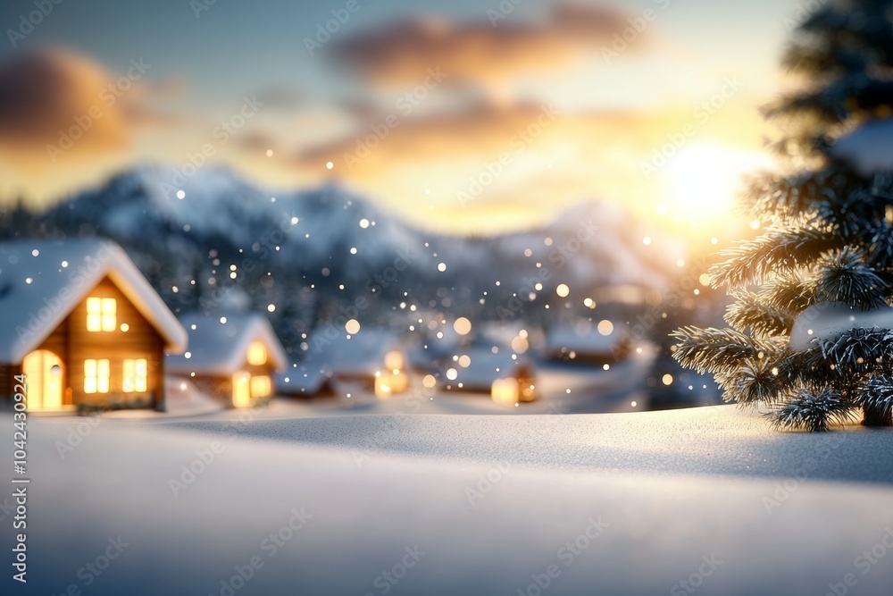 A snowy landscape with a house and a tree in the foreground A snowy landscape with a house and a tree in the foreground