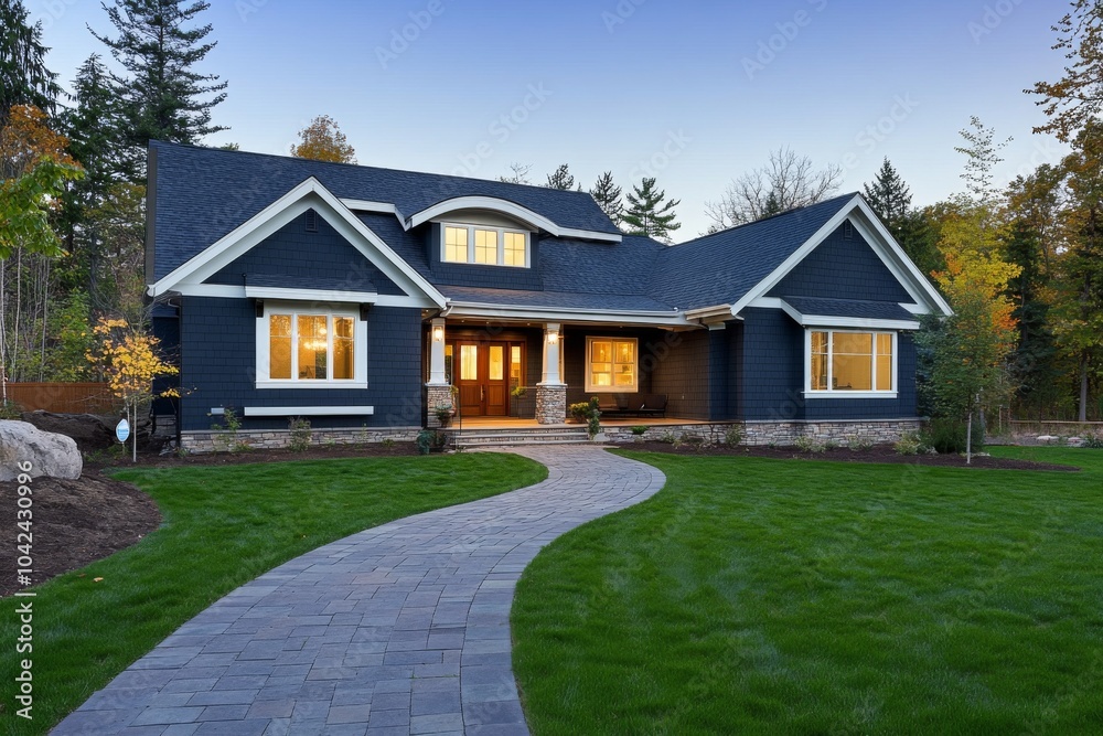 New Craftsman-style home with dark gray exterior, white trim, and beautiful landscaping, featuring a stone path, warm lighting, and a clear dusk sky. New Craftsman-style home with dark gray exterior, white trim, and beautiful landscaping, featuring a stone path, warm lighting, and a clear dusk sky.