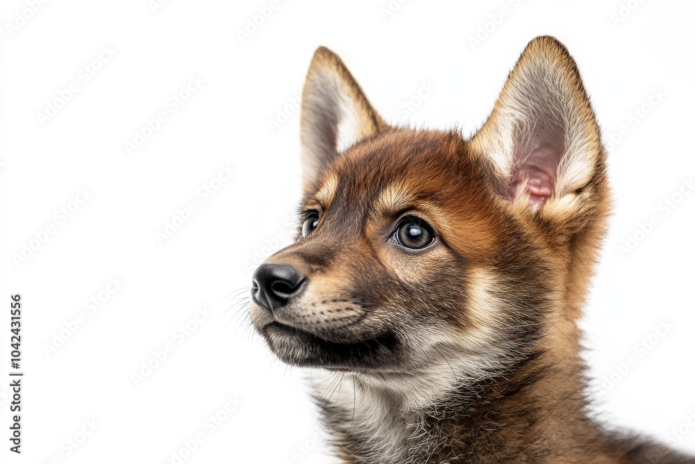 Mystic portrait of baby Red Wolf in studio, copy space on right side, Headshot, Close-up View, isolated on white background Mystic portrait of baby Red Wolf in studio, copy space on right side, Headshot, Close-up View, isolated on white background