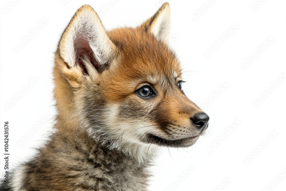 Mystic portrait of baby Red Wolf in studio, copy space on right side, Headshot, Close-up View, isolated on white background Mystic portrait of baby Red Wolf in studio, copy space on right side, Headshot, Close-up View, isolated on white background