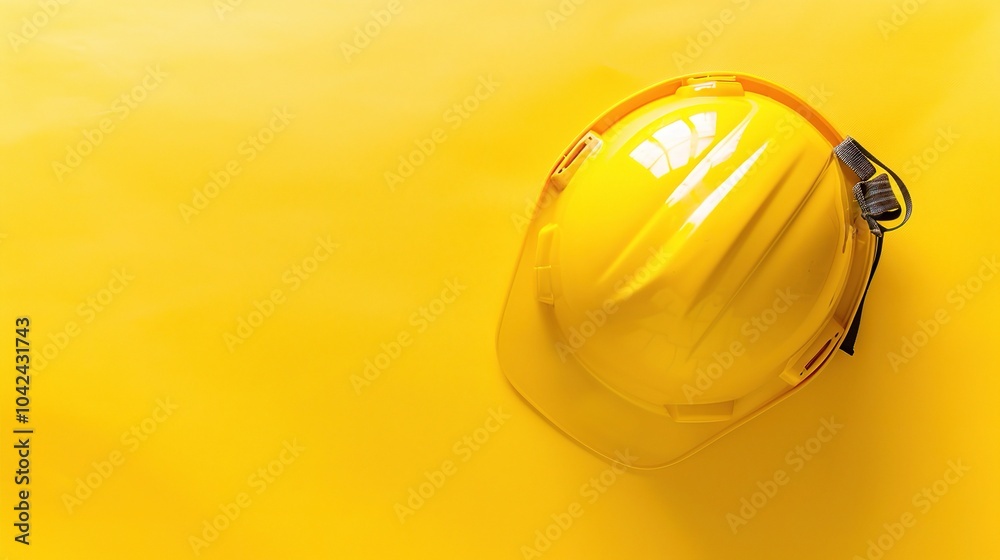 Safety construction helmet on yellow background - a symbol of protection and caution. This image features a safety construction helmet placed on a bright yellow background Safety construction helmet on yellow background - a symbol of protection and caution. This image features a safety construction helmet placed on a bright yellow background