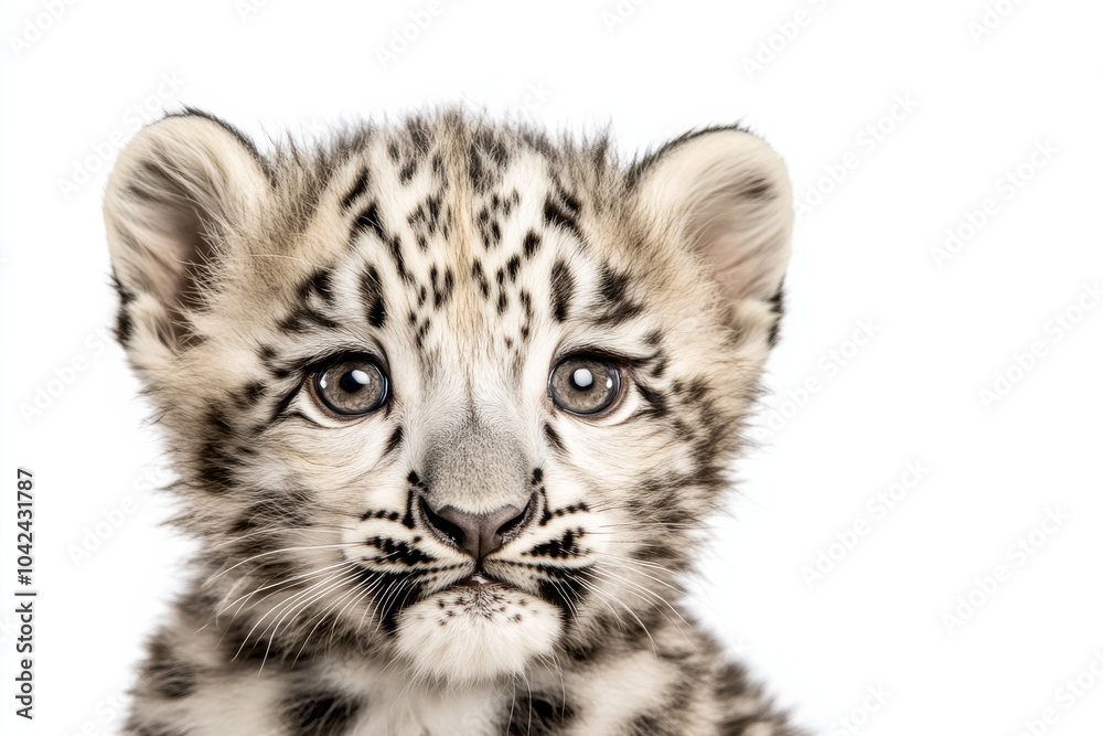Mystic portrait of baby Snow Leopard in studio, copy space on right side, Headshot, Close-up View, isolated on white background Mystic portrait of baby Snow Leopard in studio, copy space on right side, Headshot, Close-up View, isolated on white background