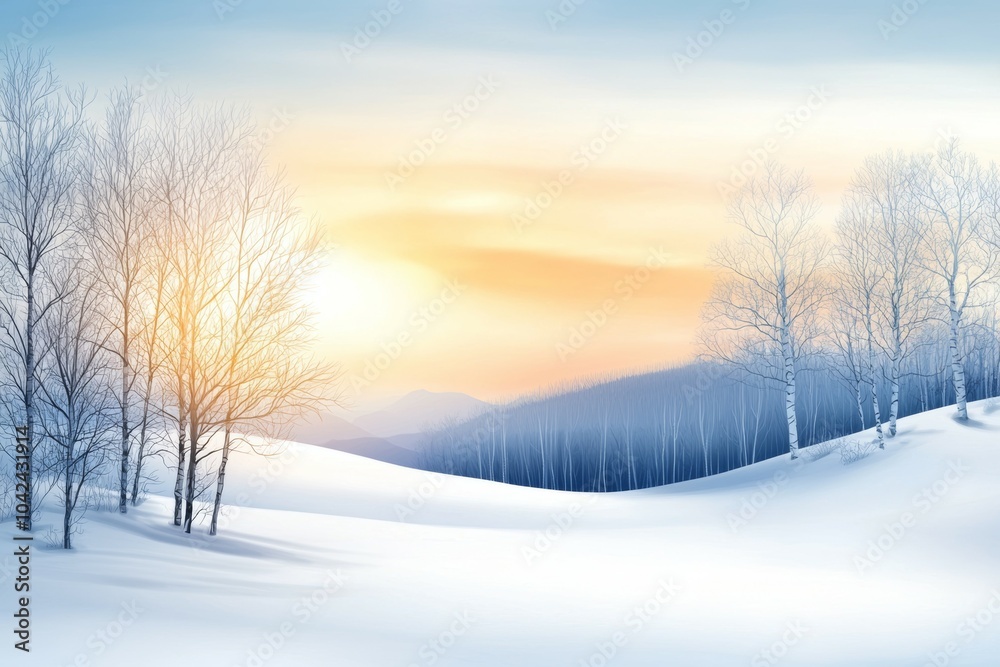 A snowy landscape with a sun setting in the background A snowy landscape with a sun setting in the background
