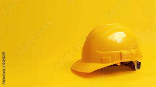 Safety construction helmet on yellow background - a symbol of protection and caution. This image features a safety construction helmet placed on a bright yellow background