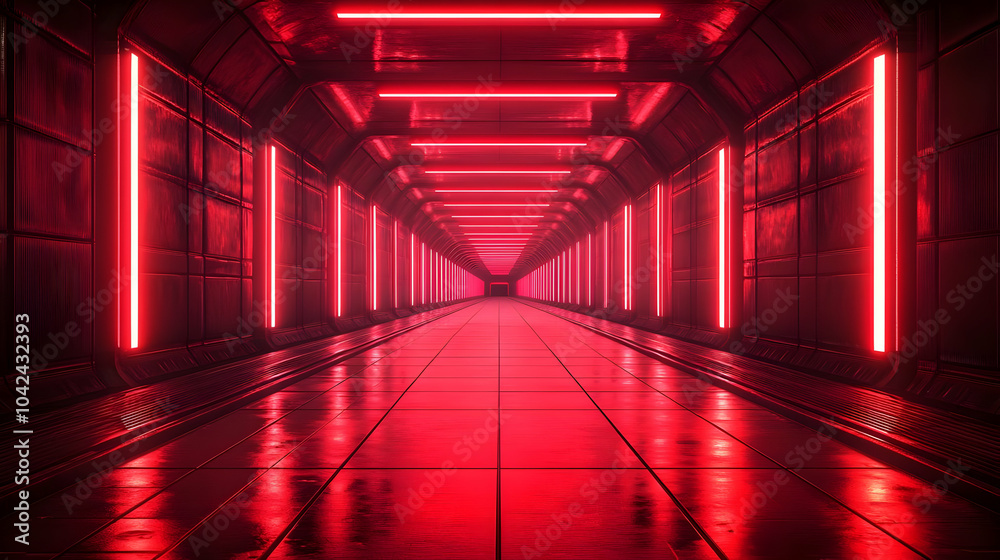 Futuristic corridor illuminated by vibrant red neon lights. Futuristic corridor illuminated by vibrant red neon lights.