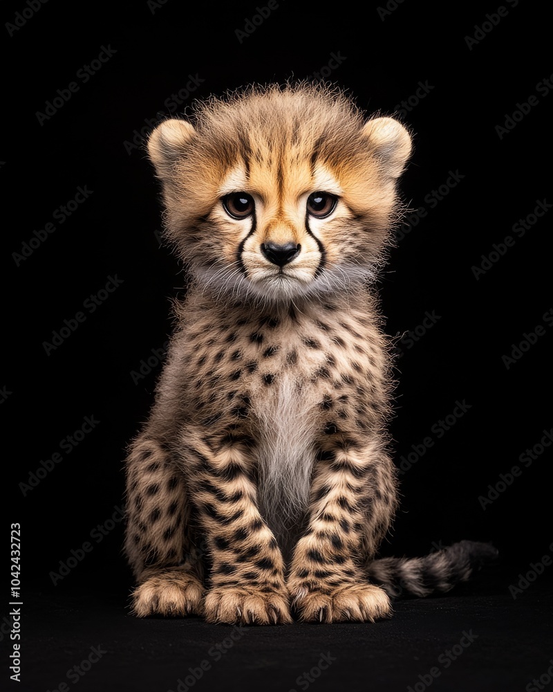 Obraz premium the baby African Cheetah, portrait view, white copy space on right, Isolated on black Background