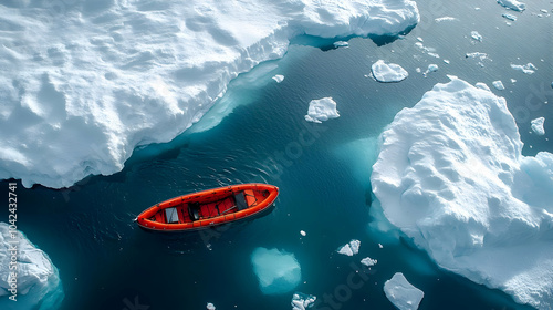 A vibrant orange boat navig...
