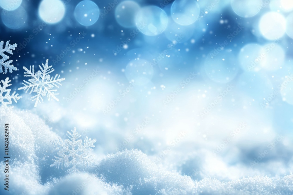 A snowy landscape with a blue sky and snowflakes falling