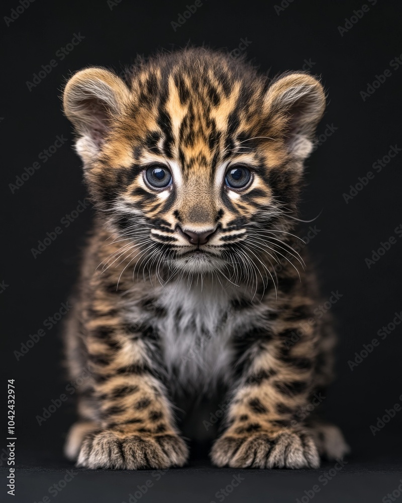 Fototapeta premium the baby AmurLeopard, portrait view, white copy space on right, Isolated on black Background