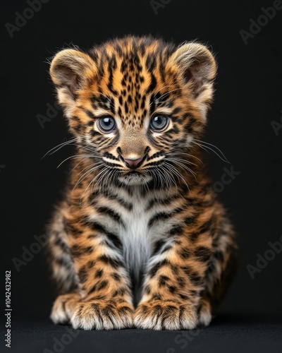 the baby AmurLeopard, portrait view, white copy space on right, Isolated on black Background photo