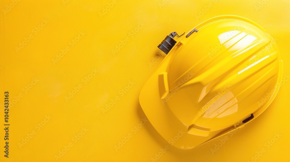 Safety construction helmet on yellow background - a symbol of protection and caution. This image features a safety construction helmet placed on a bright yellow background Safety construction helmet on yellow background - a symbol of protection and caution. This image features a safety construction helmet placed on a bright yellow background
