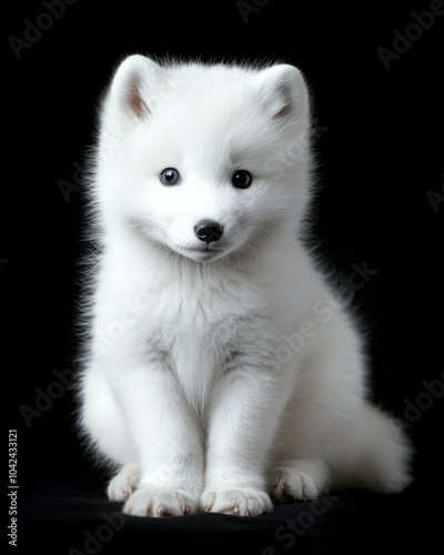 the baby Arctic Fox view, white copy space on right, Isolated on black Background