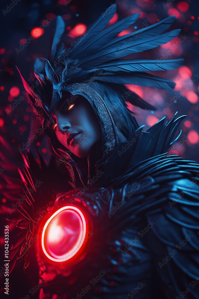 A stunning figure in an elaborate dark costume adorned with feathers, glowing elements, and detailed textures stands against an atmospheric backdrop A stunning figure in an elaborate dark costume adorned with feathers, glowing elements, and detailed textures stands against an atmospheric backdrop