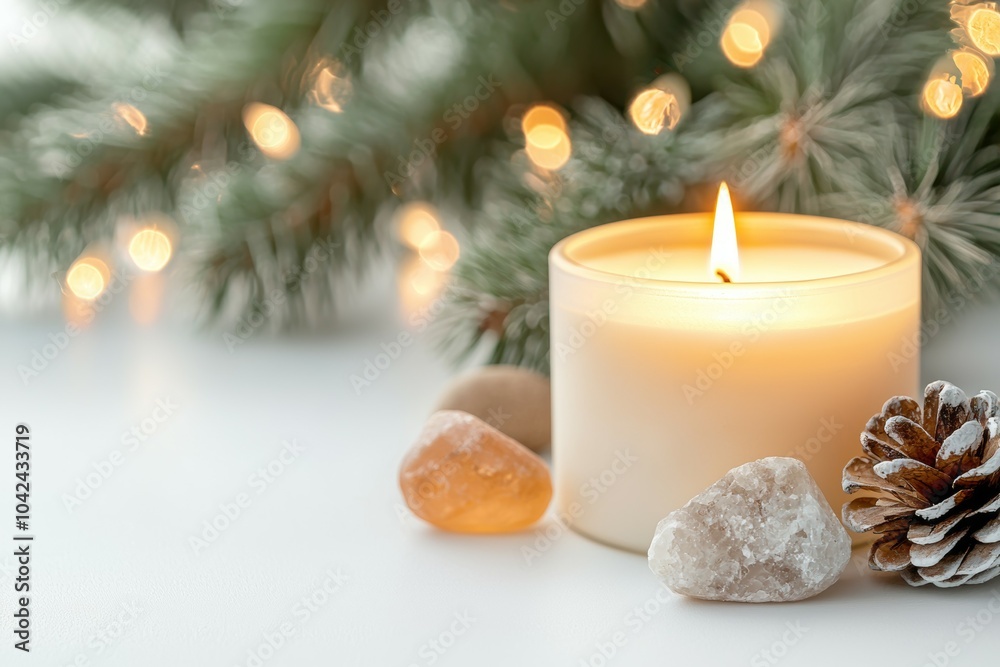 A candle is lit in front of a pine tree A candle is lit in front of a pine tree