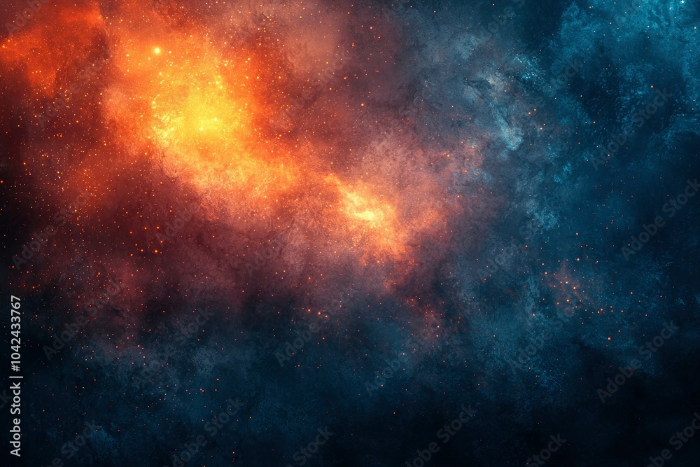 Obraz premium A fiery nebula with scattered stars in a dark, cosmic background.