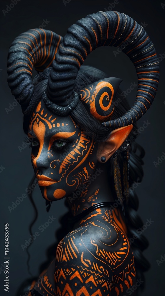 Fototapeta premium Intricate body art adorns a model with striking horns and elaborate designs against a dark backdrop