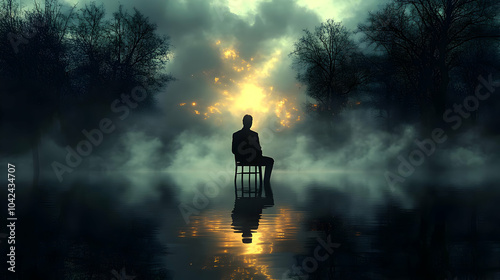 A solitary figure sits on a...