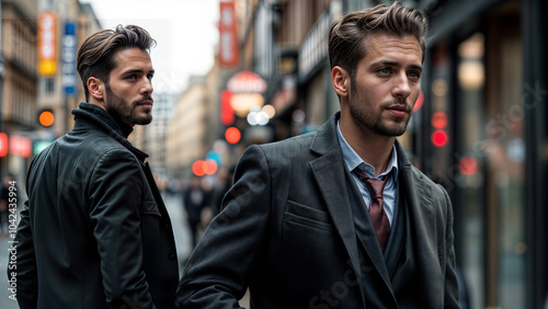 Young man a looking back seductively at another man on a busy city street photo