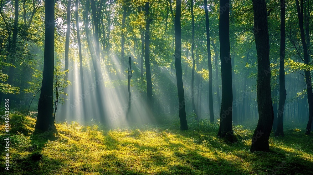 Obraz premium Serene Forest with Sunlight Streaming Through Trees