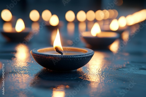 A lit candle is surrounded by many other candles photo