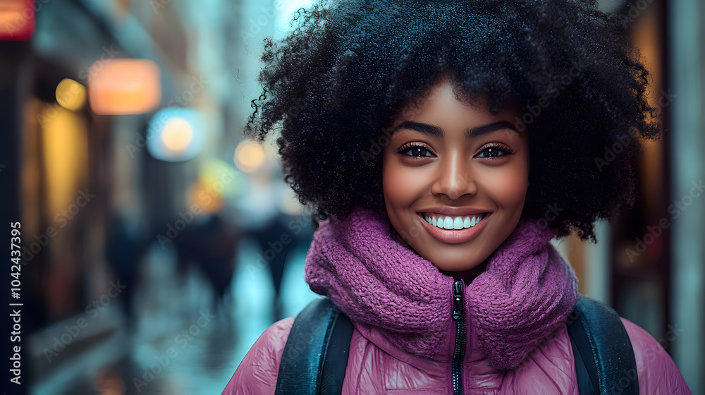 Smiling woman with curly hair in a city street, wearing a scarf. Smiling woman with curly hair in a city street, wearing a scarf.