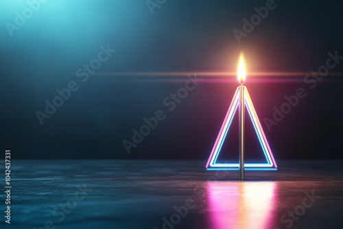 A lit candle is on top of a neon Christmas tree photo