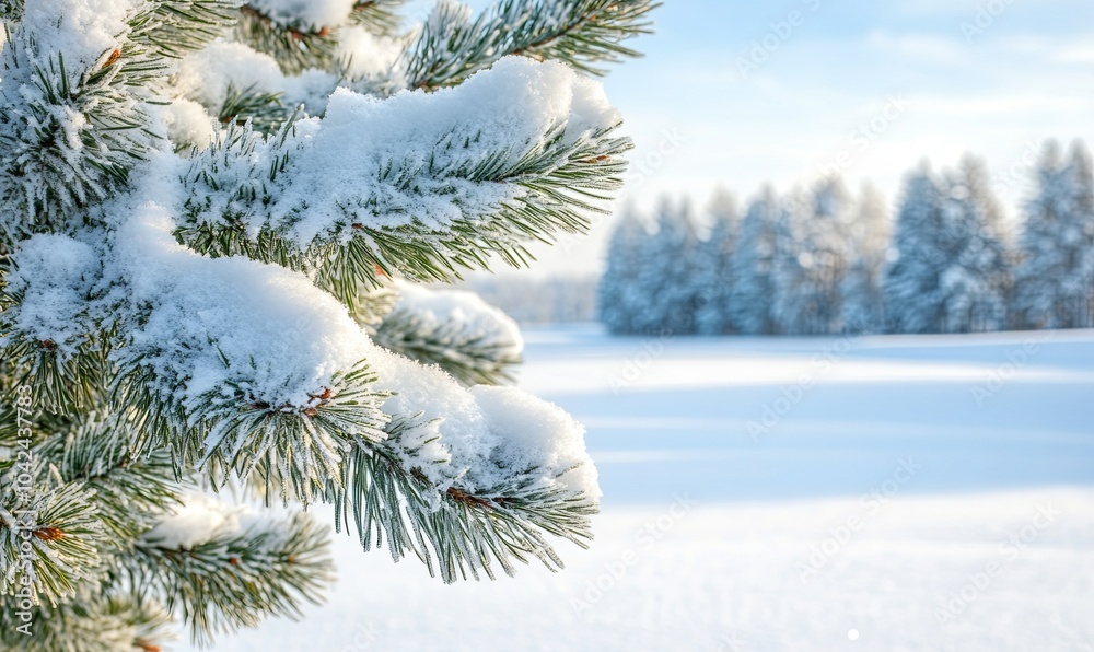 Close-up of snow-covered pine branches against a backdrop of a snowy forest. Close-up of snow-covered pine branches against a backdrop of a snowy forest.