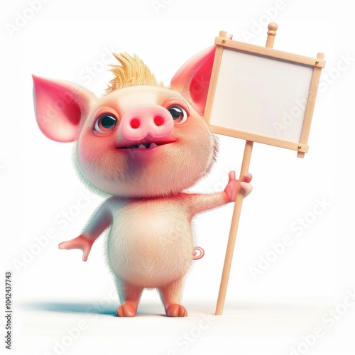 Farm Life and Agriculture: Represents farm life and agricultural themes in a charming and friendly manner.pig holding a blank sign.