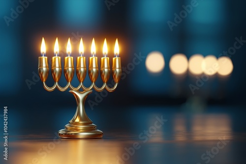 A gold candelabra with six candles is lit on a dark table