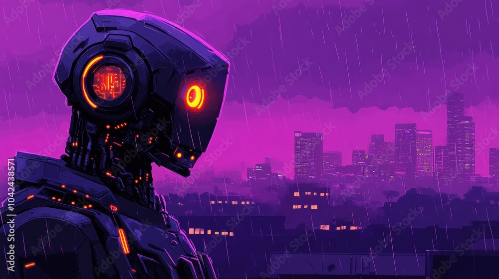 A futuristic robot stands in the rain, looking out at a city skyline. A futuristic robot stands in the rain, looking out at a city skyline.