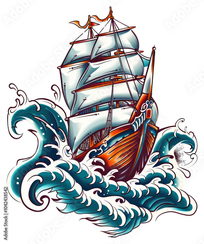 PNG A sailing ship transportation illustrated painting. photo