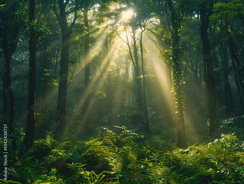 Naklejka premium A dense forest with towering trees, thick underbrush, and beams of sunlight filtering through the canopy