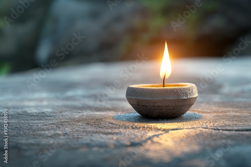 A candle is lit on a stone surface