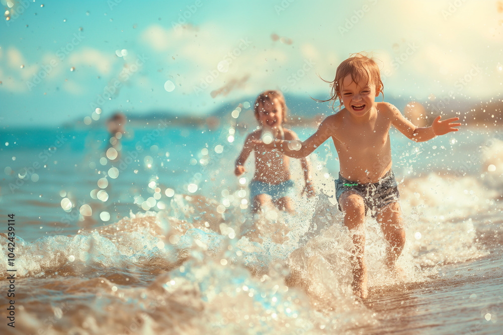 niños en la orilla de la playa de vacaciones niños en la orilla de la playa de vacaciones