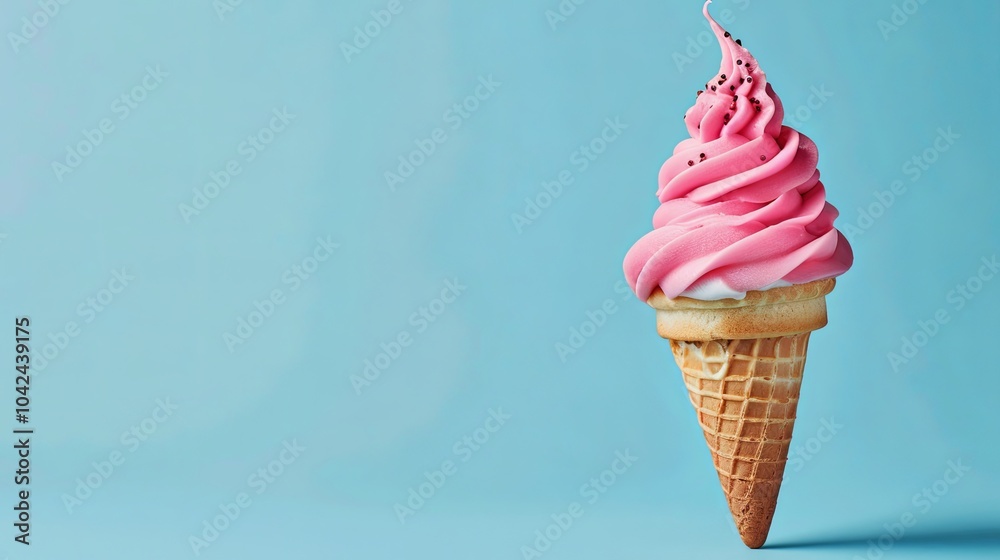 Pink soft serve ice cream cone with sprinkles on a blue background. Pink soft serve ice cream cone with sprinkles on a blue background.